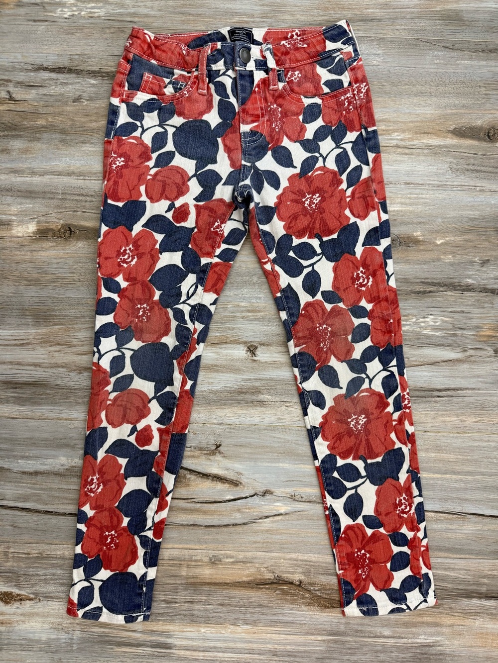 GAP Kids Jeans Girls Size 7 Super Skinny Fit Red Blue Floral Stretch Adjustable
